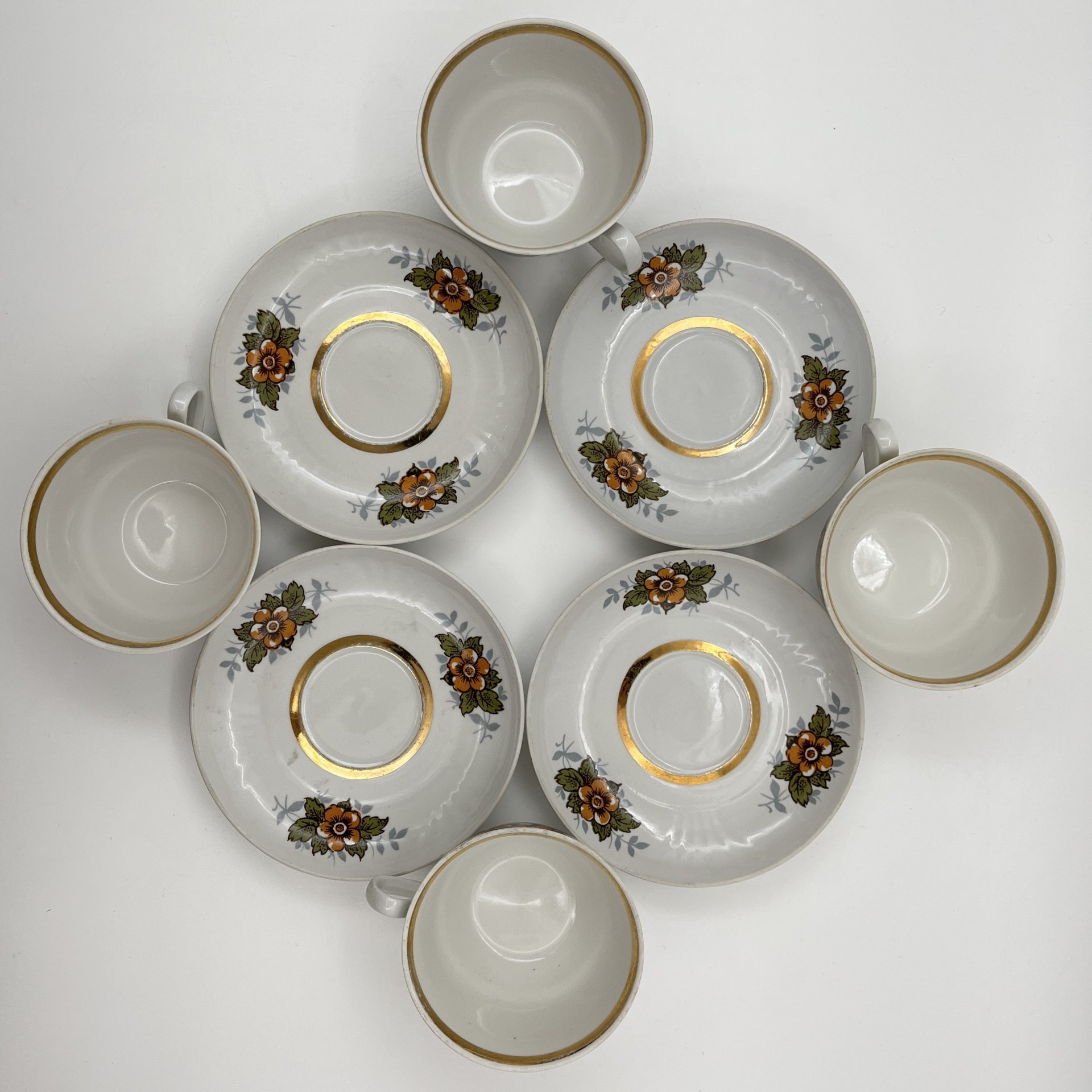 Набор чайных пар на 4 персоны с цветочным декором, фарфор, деколь, золочение, Рижский фарфорово-фаянсовый завод, СССР, 1970-1980 гг.