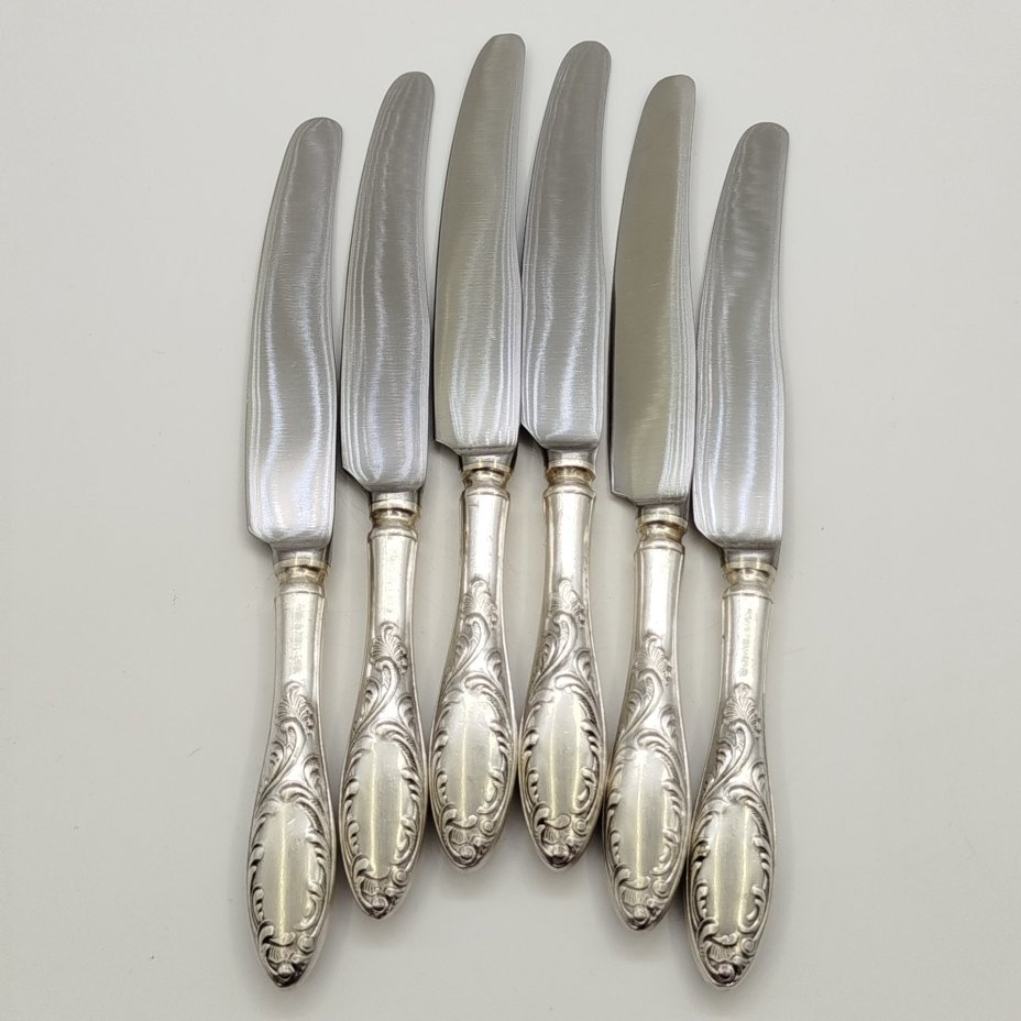 Набор из 6-ти десертных ножей "Пламя", мНЦ (медь-никель-цинк), нержавеющая сталь, СССР, 1970-1990 гг.