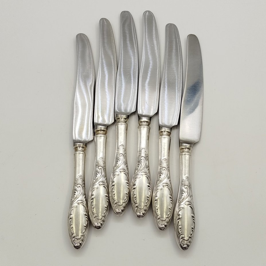 Набор из 6-ти десертных ножей "Пламя", мНЦ (медь-никель-цинк), нержавеющая сталь, СССР, 1970-1990 гг.