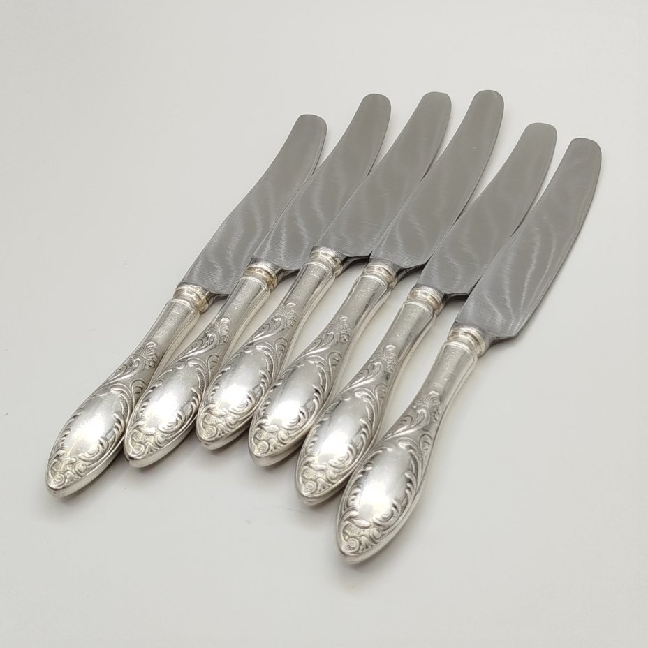 Набор из 6-ти десертных ножей "Пламя", мНЦ (медь-никель-цинк), нержавеющая сталь, СССР, 1970-1990 гг.