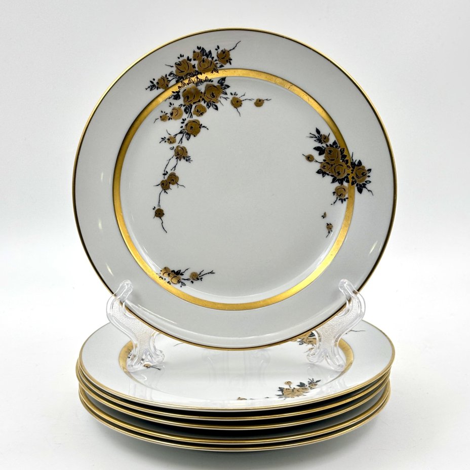 Набор из шести пирожковых тарелок с цветочным декором золотистого цвета, фарфор, деколь, золочение, Graf Von Henneberg Porzellan, 1777 Jlmenau, ГДР, 1973-1977 гг.