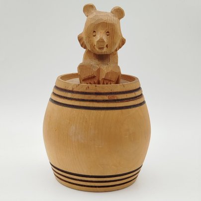 Бочонок для хранения меда (медовница) с мишкой на крышке, дерево, резьба, Российская Федерация, 1990-2000 гг.