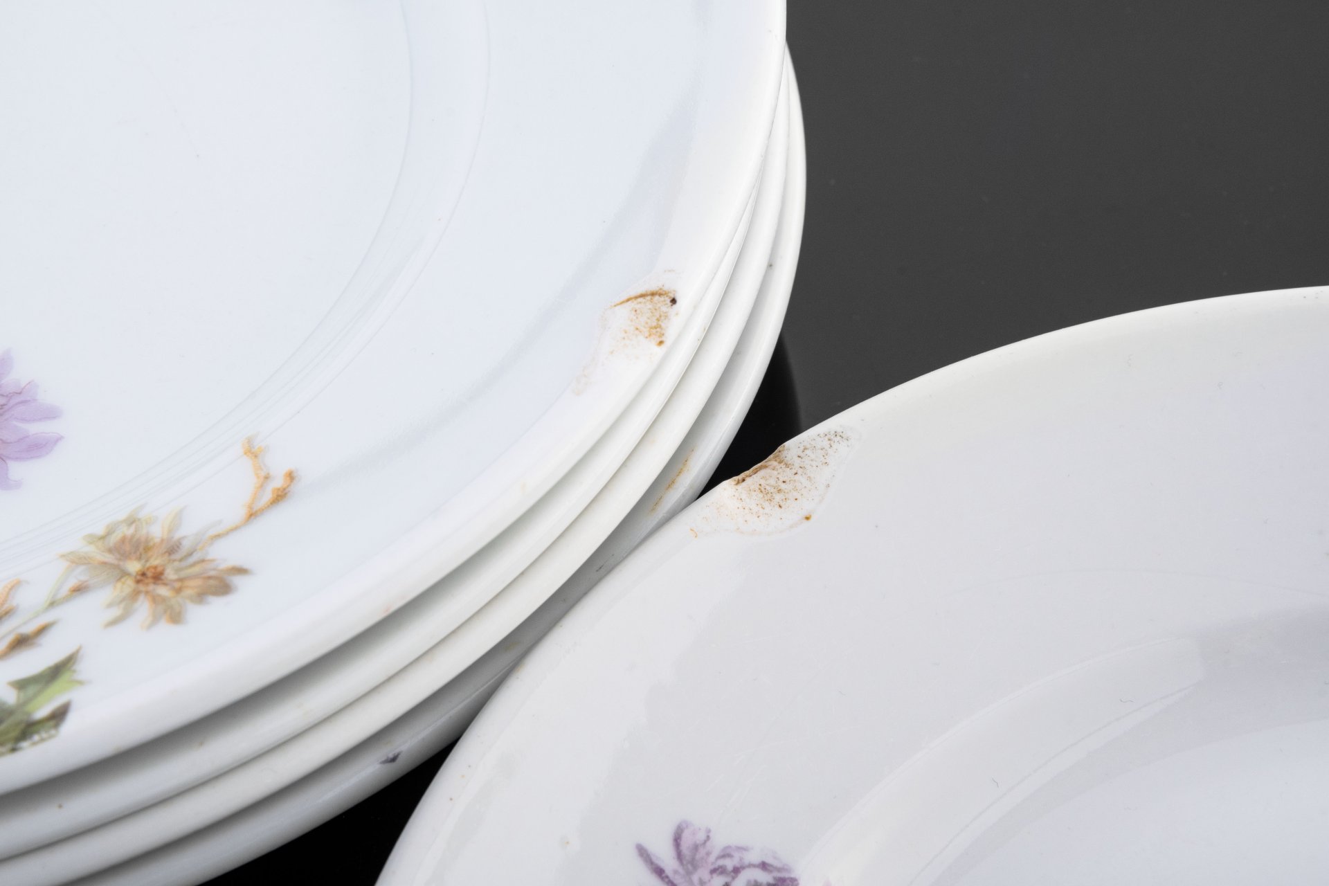 Набор из 5 обеденных тарелок, декорированных цветочным узором "Хризантемы", Товарищество М.С. Кузнецова в Вербилках (г. Дмитров)
