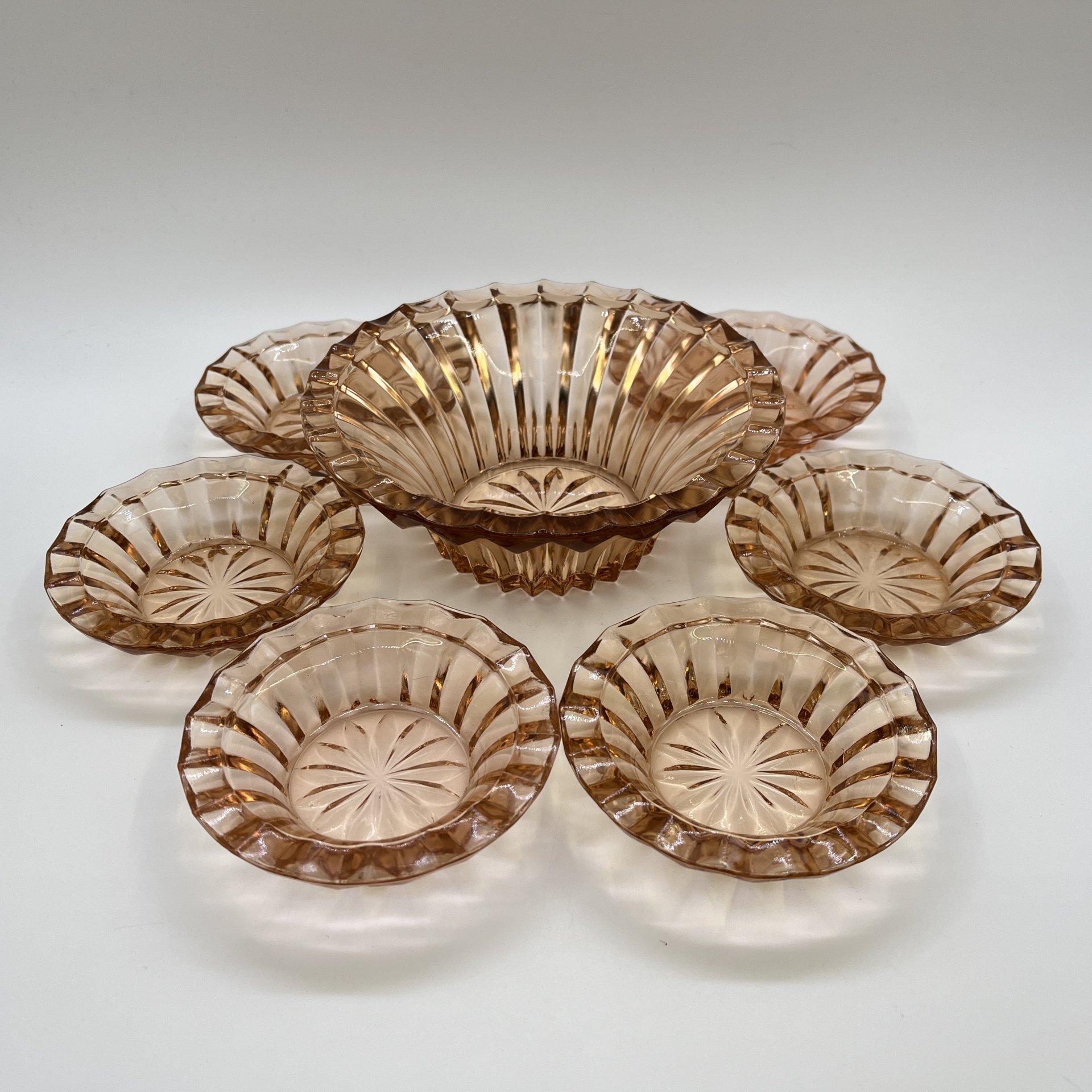 Набор карамельного оттенка для подачи варенья (джема, мёда, сметаны) на 6 персон, Запрудненский завод электровакуумных приборов, цветное стекло, СССР, 1960-1980 гг.