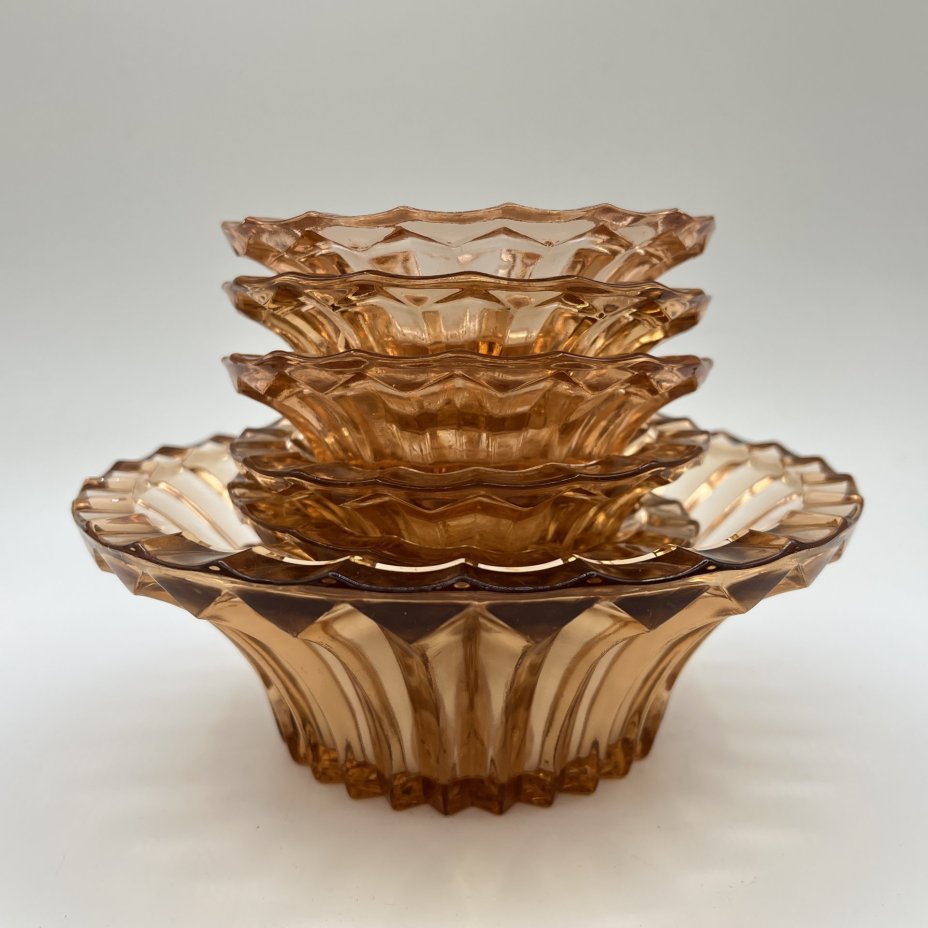 Набор карамельного оттенка для подачи варенья (джема, мёда, сметаны) на 6 персон, Запрудненский завод электровакуумных приборов, цветное стекло