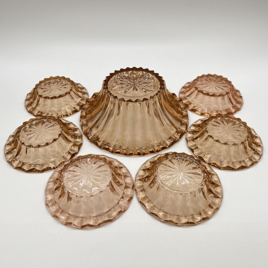 Набор карамельного оттенка для подачи варенья (джема, мёда, сметаны) на 6 персон, Запрудненский завод электровакуумных приборов, цветное стекло