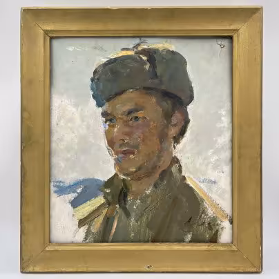 Картина с изображением советского солдата (этюд к картине "На родной земле"), оформленная в раму, неизвестный художник (подпись "Е. Л..."), Новая Ладога