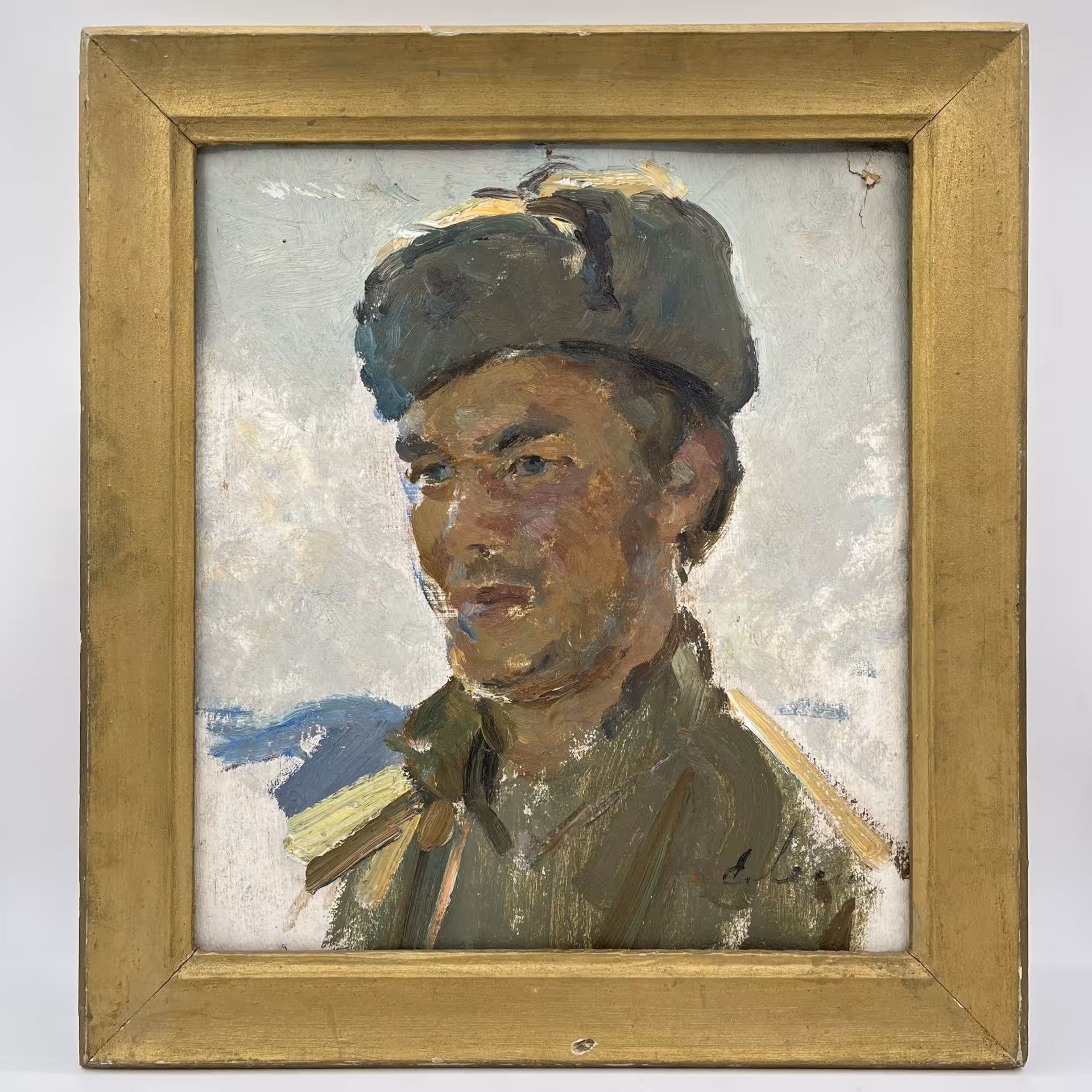Картина с изображением советского солдата (этюд к картине "На родной земле"), оформленная в раму, неизвестный художник (подпись "Е. Л..."), Новая Ладога