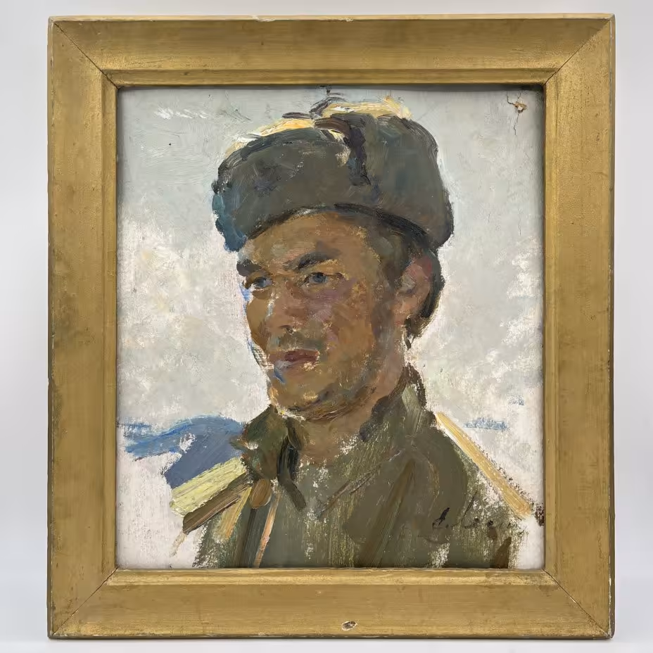 Картина с изображением советского солдата (этюд к картине "На родной земле"), оформленная в раму, неизвестный художник (подпись "Е. Л..."), Новая Ладога