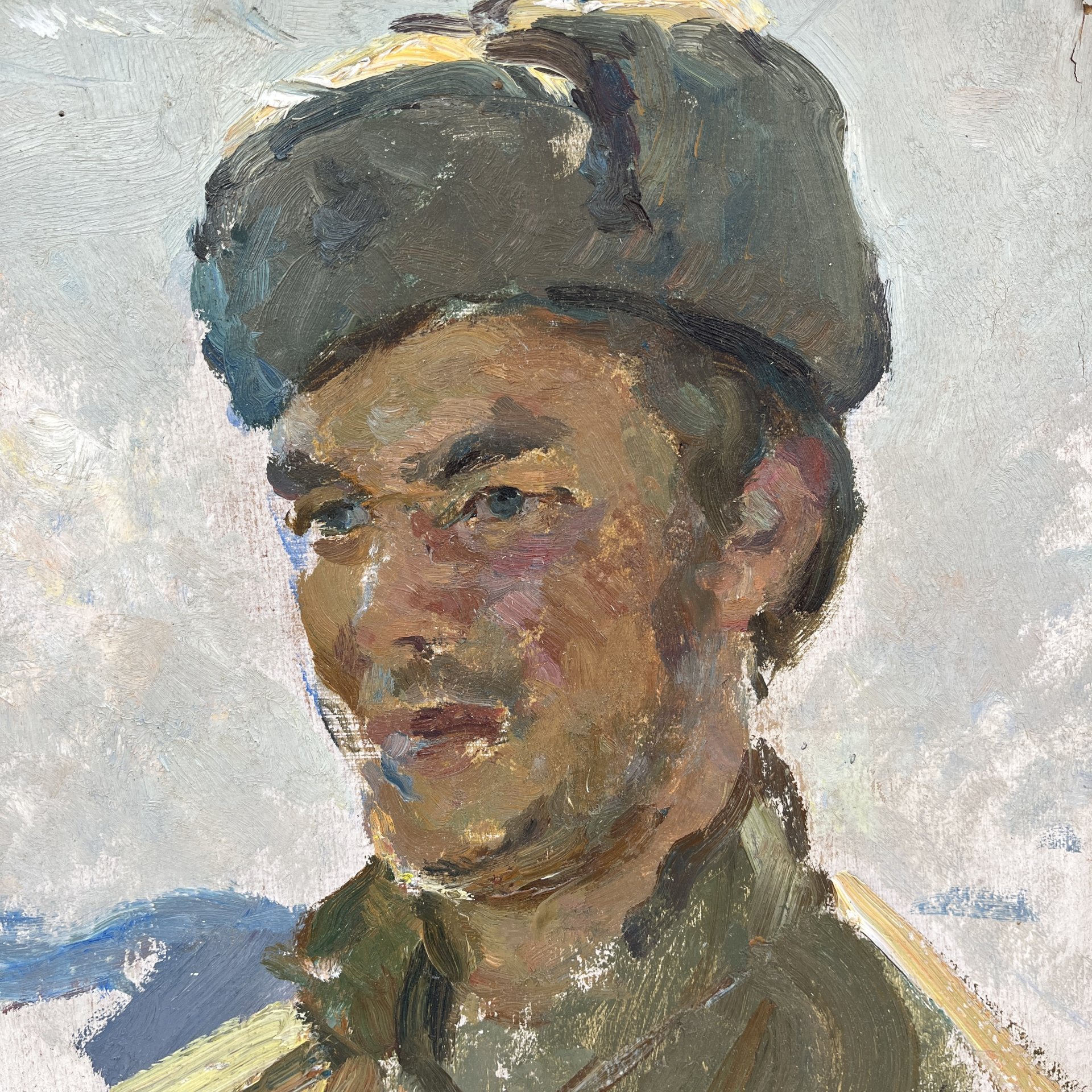 Картина с изображением советского солдата (этюд к картине "На родной земле"), оформленная в раму, неизвестный художник (подпись "Е. Л..."), Новая Ладога