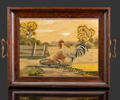 Поднос в стиле прованс, декорированный ручной вышивкой с изображением петухов, дерево, вышивка, пластик, металл, Европа, 1950-1960 гг.