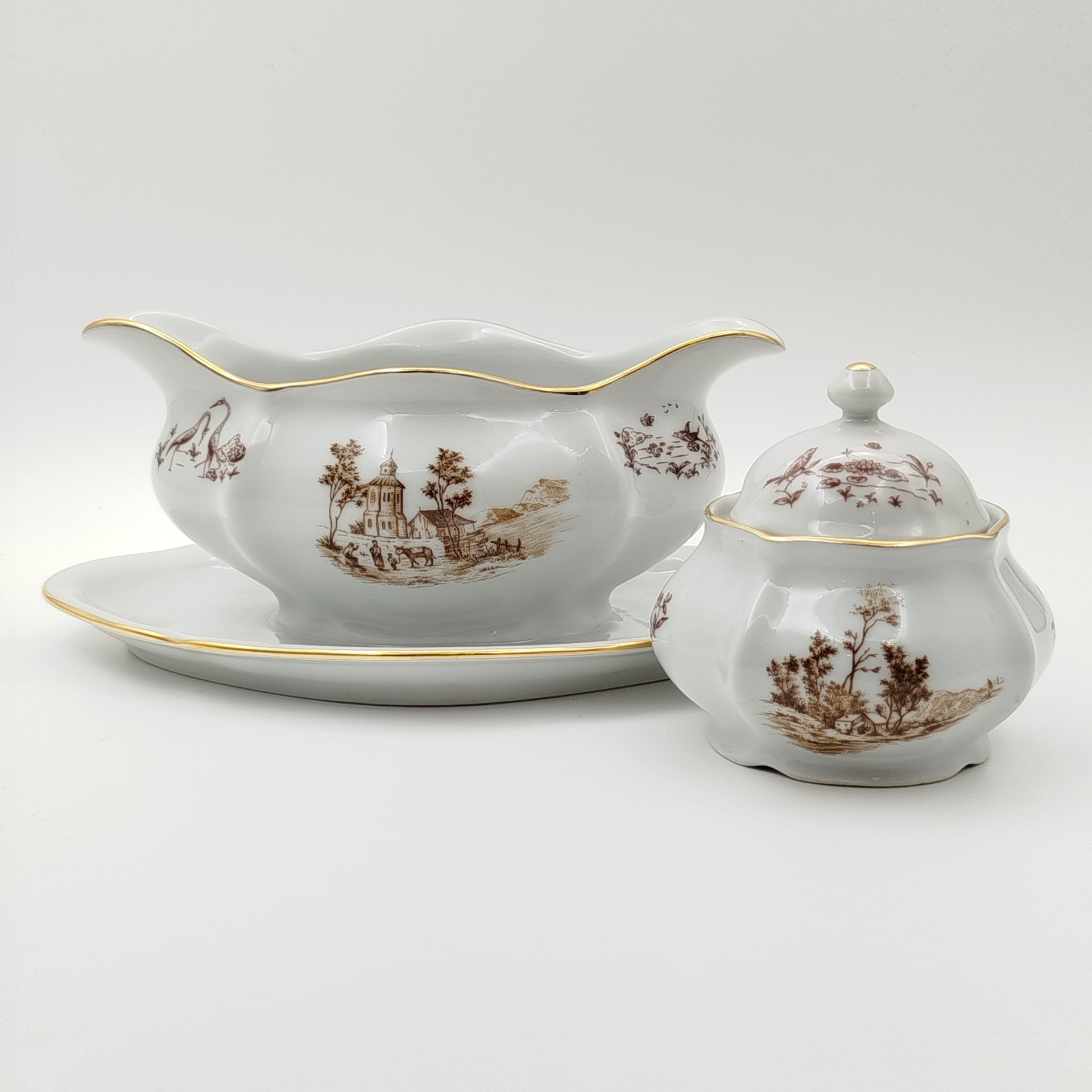 Пара соусников с изображение пейзажа, фарфор, деколь, Bohemia (Neurohlau), Чехословакия, 1980-1990 гг.