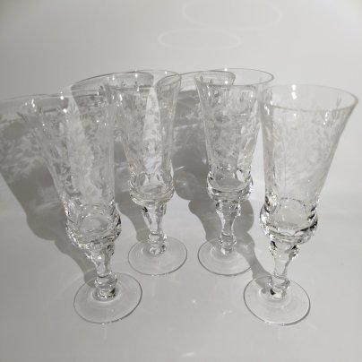 Набор из четырех фужеров "Нектар", автор Смирнова Л.Д., хрусталь, гравировка, Ленинградский завод художественного стекла (ЛЗХС), СССР, 1970-1980 гг.