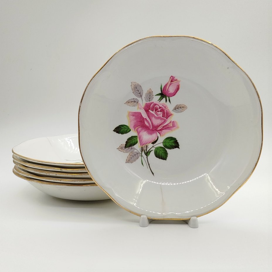 Набор из 6-ти тарелок "Роза" из сервиза "Chenonceaux", Gien, фаянс, деколь, золочение, Франция, 1950-1960 гг.