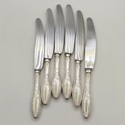 Набор из шести столовых ножей "Пламя", мНЦ (медь-никель-цинк), сталь, Кольчугинский завод цветных металлов, СССР, 1960-1980 гг.