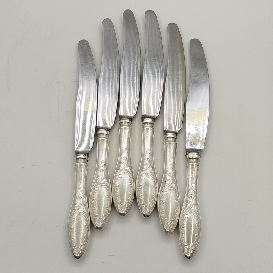 Набор из шести столовых ножей "Пламя", мНЦ (медь-никель-цинк), сталь, Кольчугинский завод цветных металлов, СССР, 1960-1980 гг.