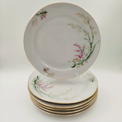 Набор обеденных тарелок с цветочным декором на 6 персон, фарфор, деколь, золочение, Bareuther & Co., Bavaria, Германия, 1931-1945 гг.