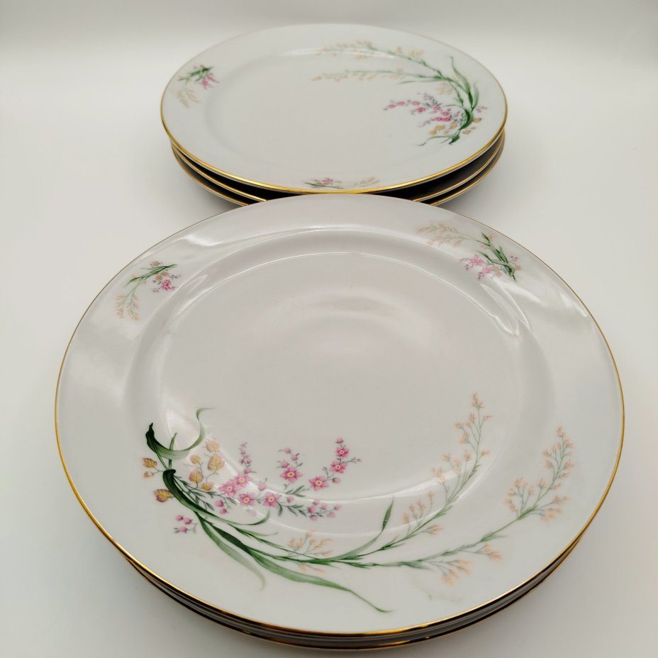 Набор обеденных тарелок с цветочным декором на 6 персон, фарфор, деколь, золочение, Bareuther & Co., Bavaria, Германия, 1931-1945 гг.