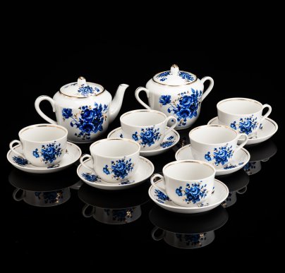 Сервиз чайный с цветочным декором в синей гамме на 6 персон (14 предметов)