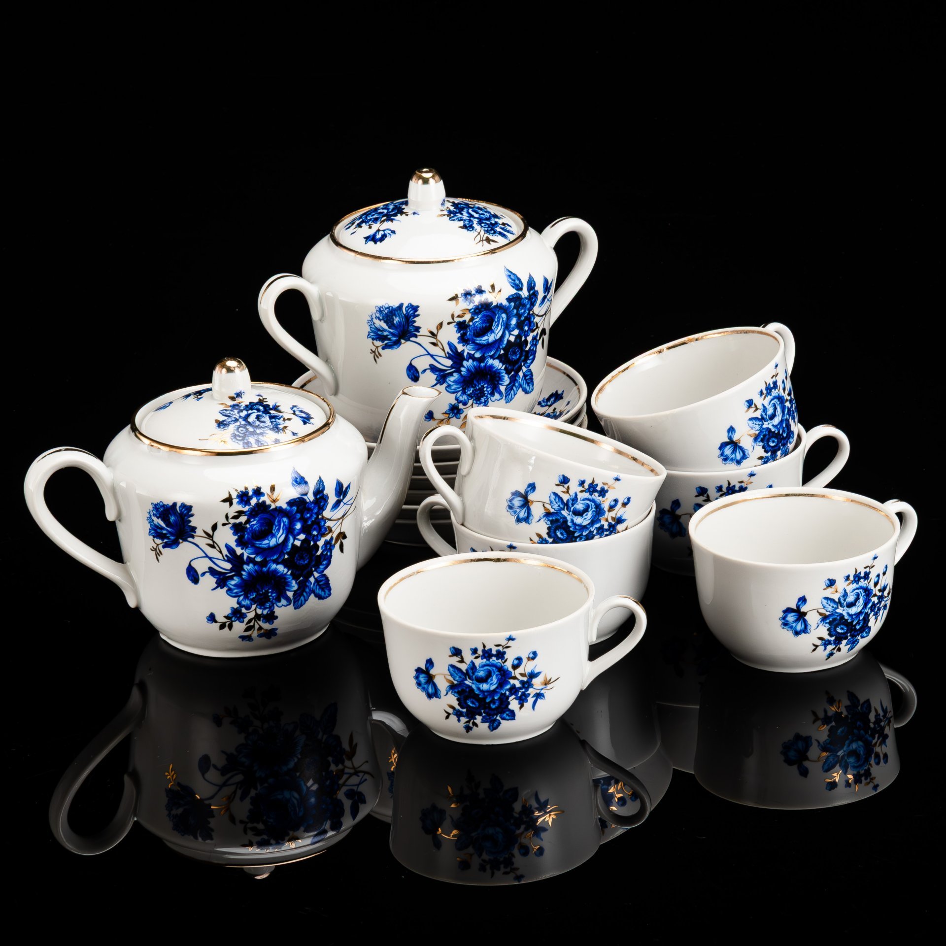 Сервиз чайный с цветочным декором в синей гамме на 6 персон (14 предметов)
