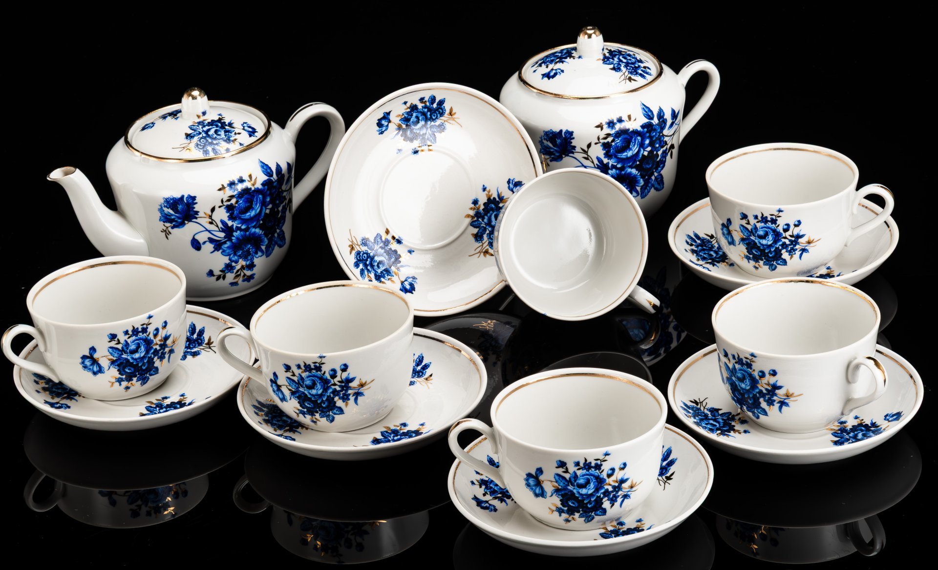 Сервиз чайный с цветочным декором в синей гамме на 6 персон (14 предметов)