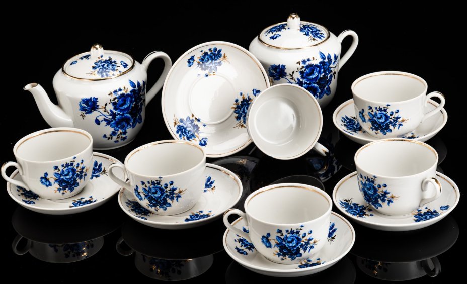Сервиз чайный с цветочным декором в синей гамме на 6 персон (14 предметов)