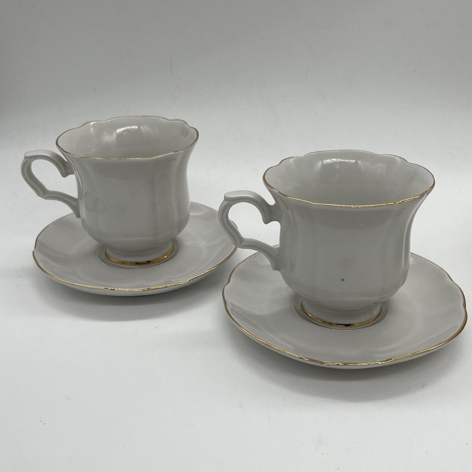 Набор из 2 чайных пар с лаконичным декором, фарфор, золочение, Коростенский фарфоровый завод (КФЗ), Восточная Европа, 1970-1990 гг.
