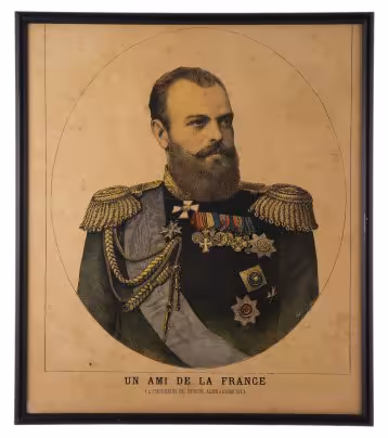 Литография "Портрет императора Александра III (Un ami de la France)", бумага, печать, рама, стекло, Франция, 1870-1890 гг.