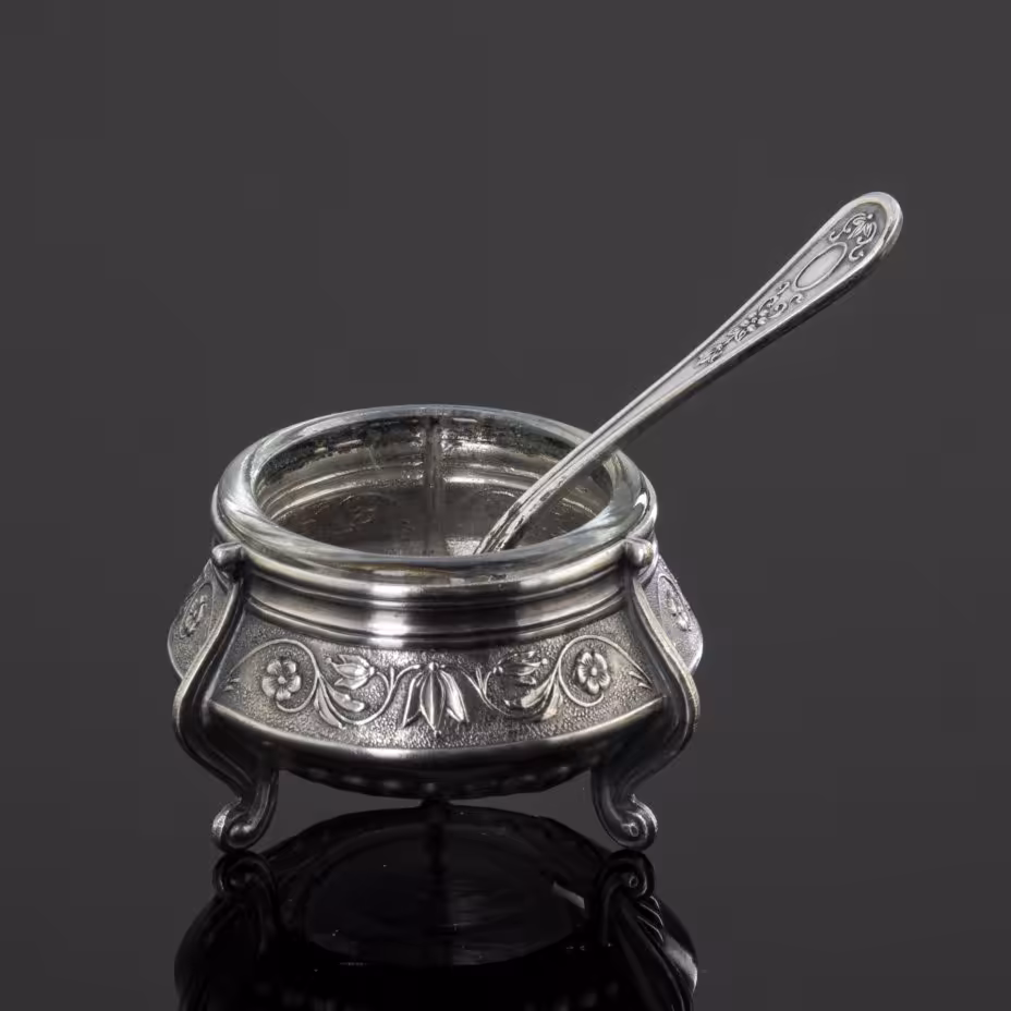 Солонка на ножках, с ложечкой и стеклянной вставкой (в подборе), Мстерская художественная фабрика  «Ювелир»