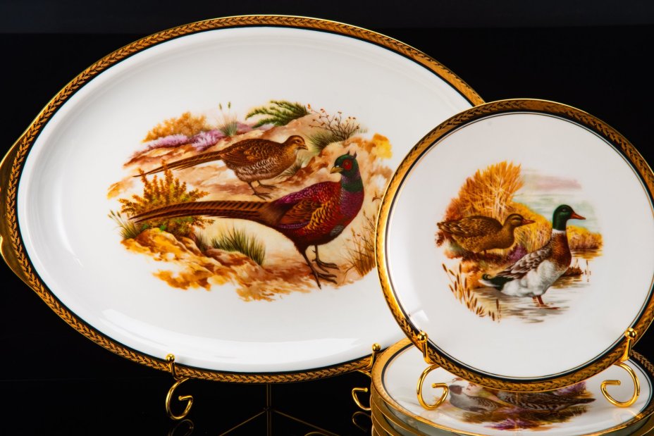 Набор из 6-ти тарелок и блюда, украшенных орнитологическим сюжетом, Alexandre Chastagner, фарфор, деколь, золочение, Limoges, Франция, 1946-1970 гг.