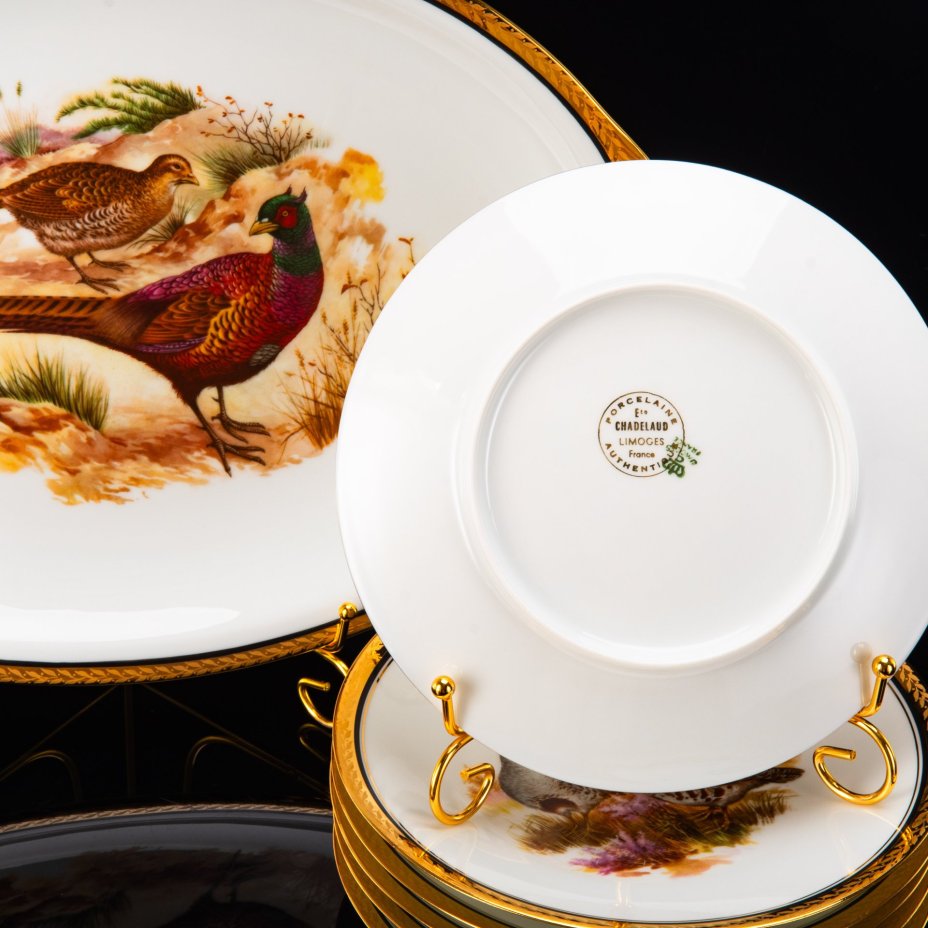 Набор из 6-ти тарелок и блюда, украшенных орнитологическим сюжетом, Alexandre Chastagner, фарфор, деколь, золочение, Limoges, Франция, 1946-1970 гг.