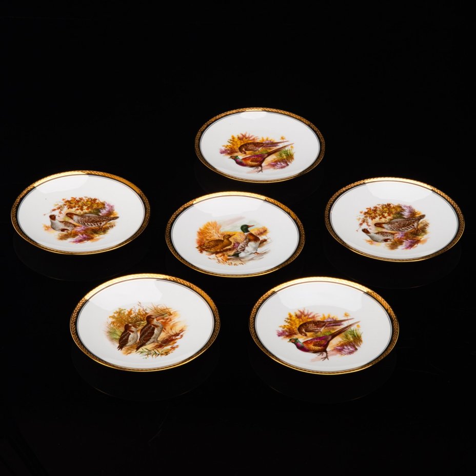 Набор из 6-ти тарелок и блюда, украшенных орнитологическим сюжетом, Alexandre Chastagner, фарфор, деколь, золочение, Limoges, Франция, 1946-1970 гг.