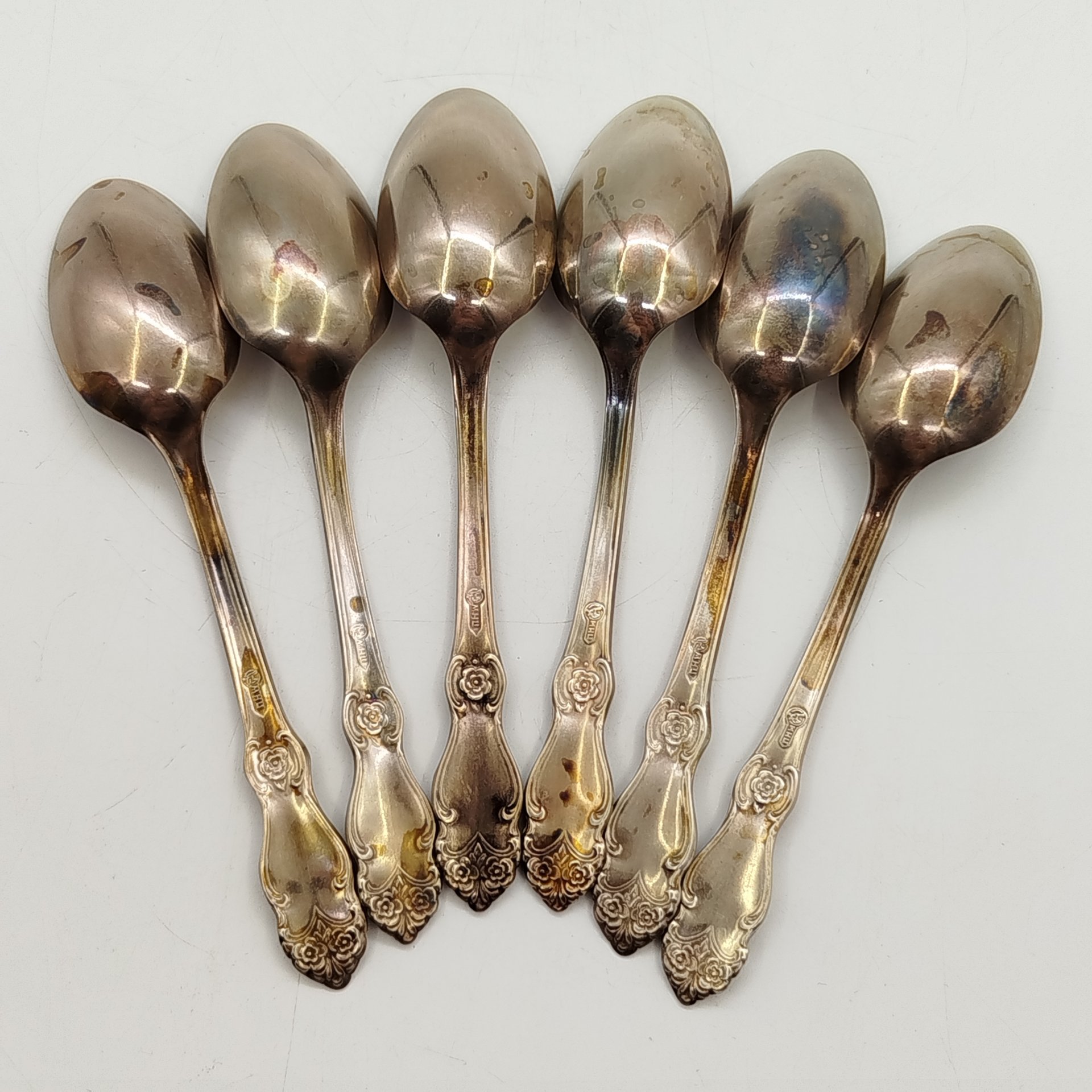 Набор кофейных ложек "Серебряная роза" на 6 персон, мНЦ (медь-никель-цинк), Кольчугинский завод цветных металлов, СССР, 1962-1990 гг.