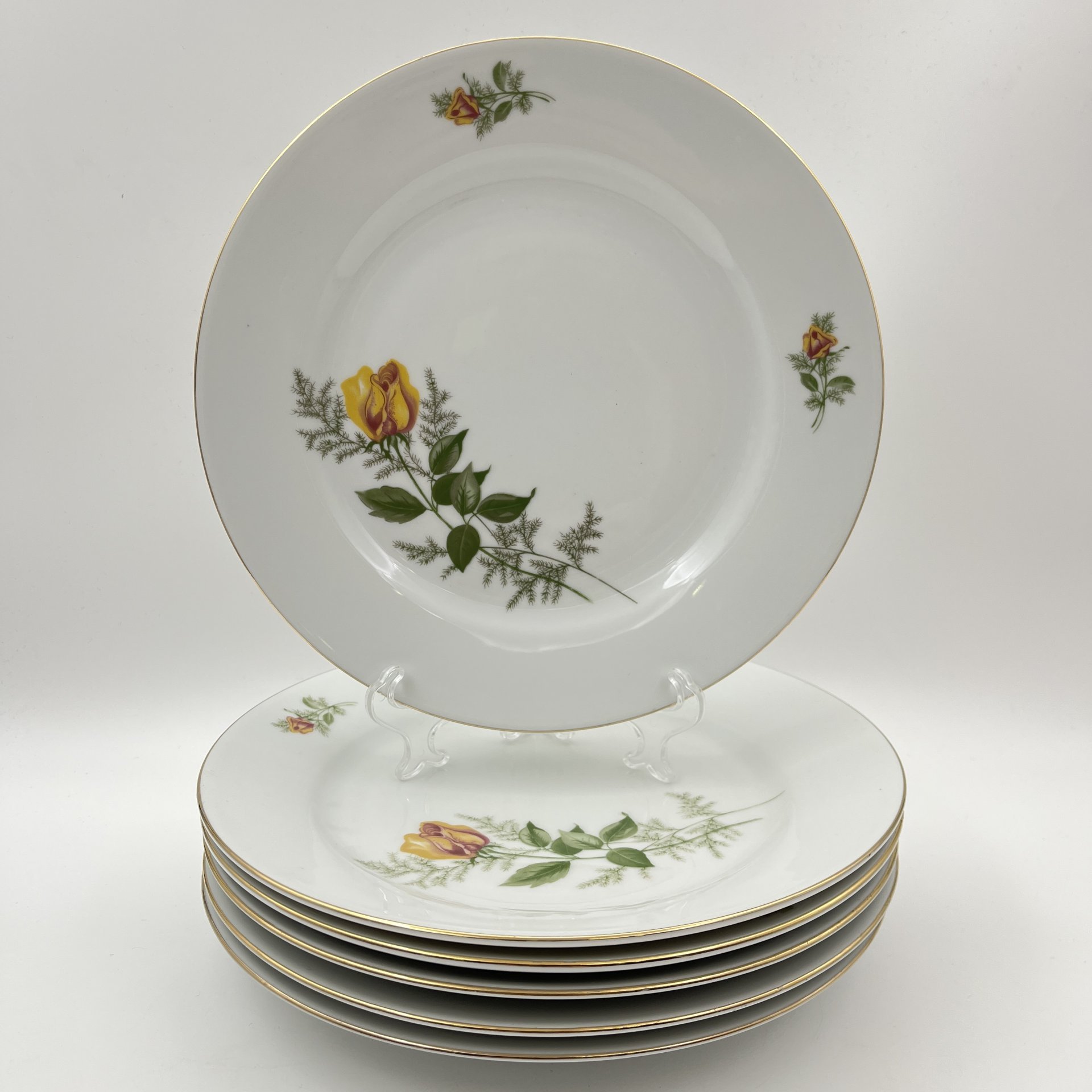 Набор обеденных тарелок "Желтая роза" на 6 персон, фарфор, деколь, золочение, Kahla, ГДР, 1970-1980 гг.