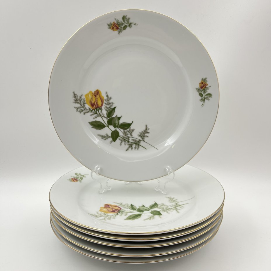 Набор обеденных тарелок "Желтая роза" на 6 персон, фарфор, деколь, золочение, Kahla, ГДР, 1970-1980 гг.