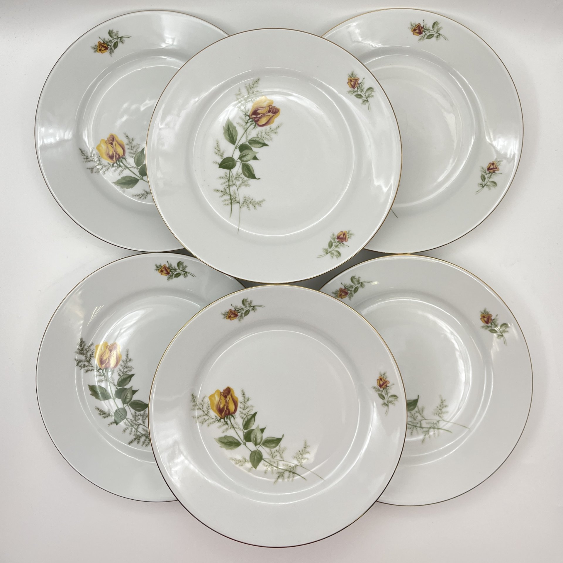 Набор обеденных тарелок "Желтая роза" на 6 персон, фарфор, деколь, золочение, Kahla, ГДР, 1970-1980 гг.