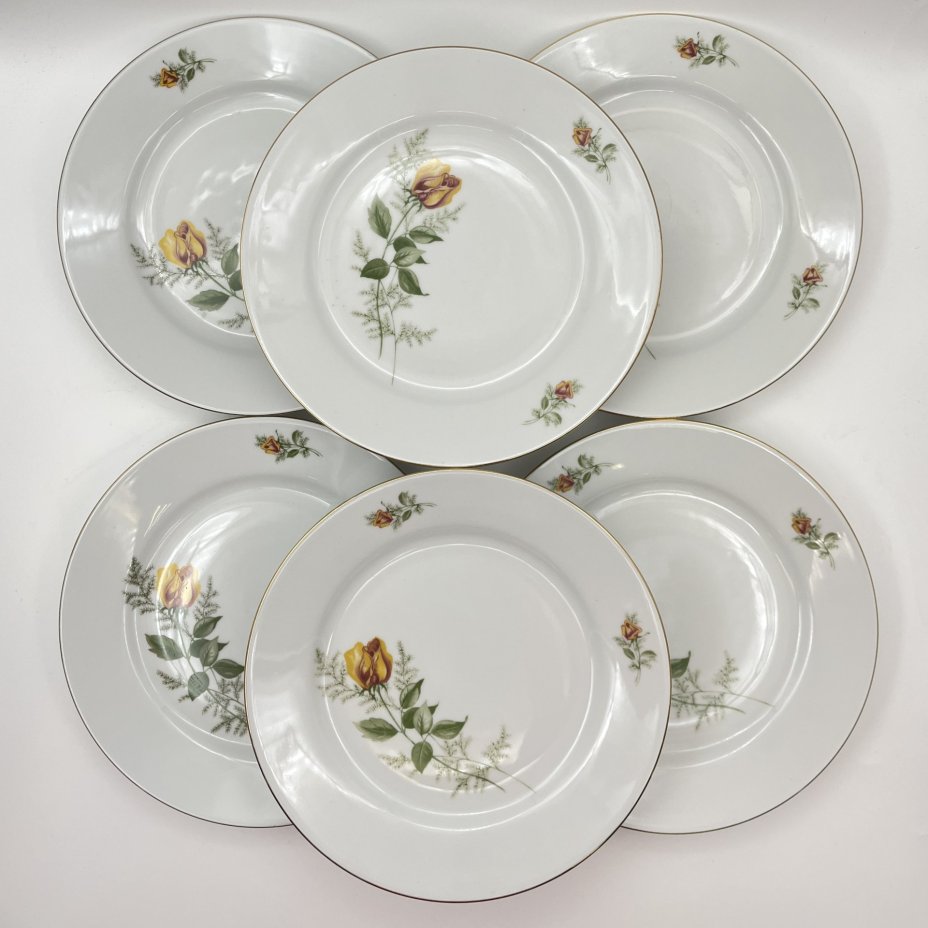 Набор обеденных тарелок "Желтая роза" на 6 персон, фарфор, деколь, золочение, Kahla, ГДР, 1970-1980 гг.