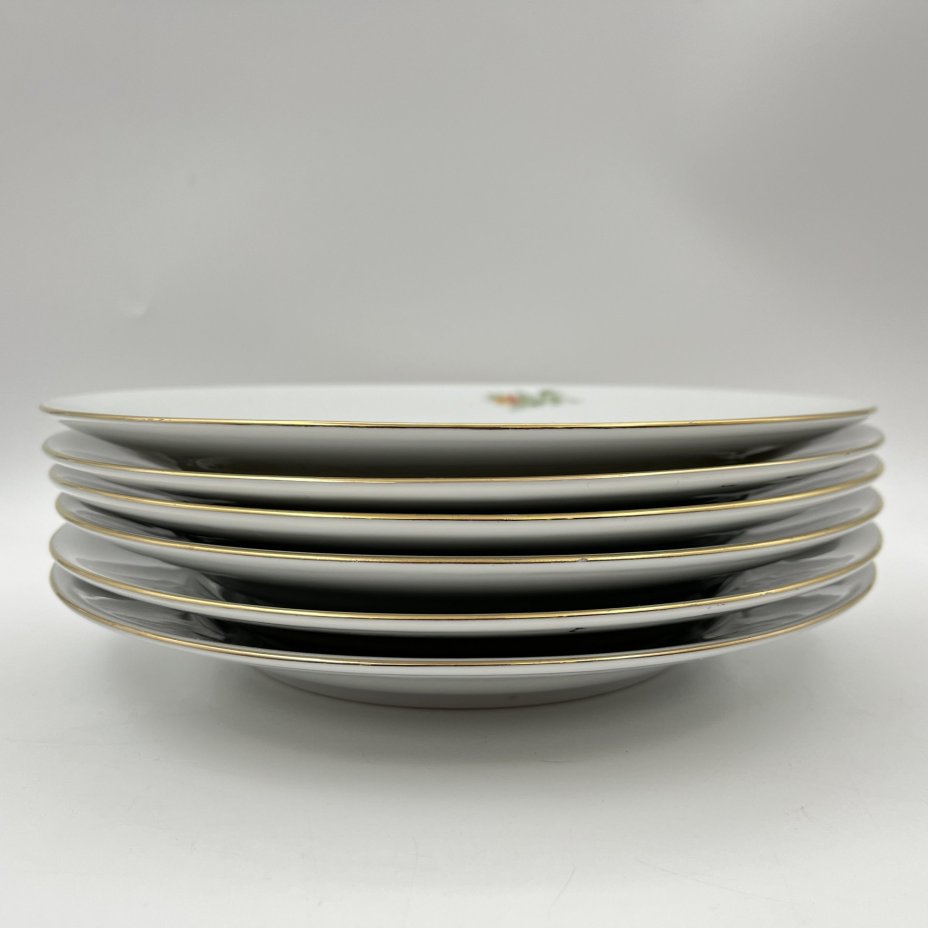 Набор обеденных тарелок "Желтая роза" на 6 персон, фарфор, деколь, золочение, Kahla, ГДР, 1970-1980 гг.