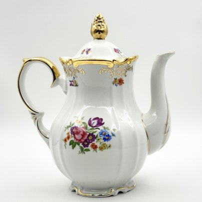 Кофейник, украшенный цветочным декором, фарфор, деколь, золочение,, Roschützer Porzellanfabrik Unger & Schilde, Германия, 1950-1960 гг., Roschützer Porzellanfabrik Unger & Schilde