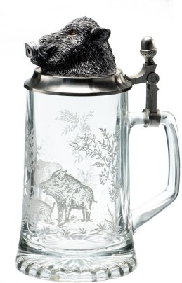 Кружка пивная с головой кабана, олово, литье, стекло, травление, Западная Европа, 1970-1990 гг.