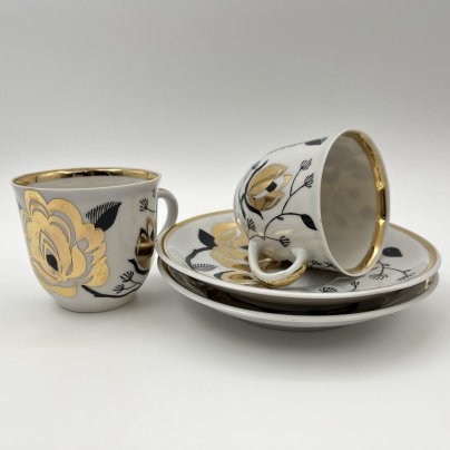 Набор из 2-х кофейных пар "Золотая роза", фарфор, деколь, золочение, Дмитровский фарфоровый завод (ДФЗ Вербилки), СССР, 1965-1991 гг.