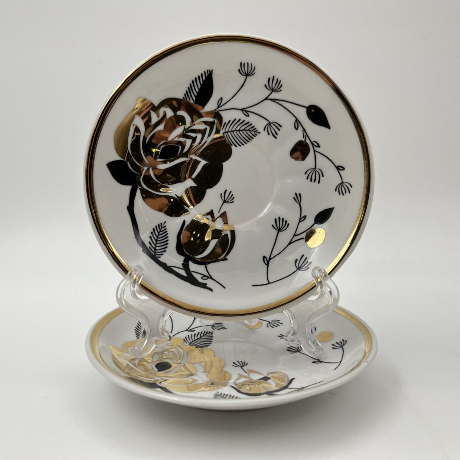 Набор из 2-х кофейных пар "Золотая роза", фарфор, деколь, золочение, Дмитровский фарфоровый завод (ДФЗ Вербилки), СССР, 1965-1991 гг.