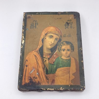 Икона «Богоматерь Казанская», жесть, печать (хромолитография), дерево, Российская империя, 1890-1915 гг.