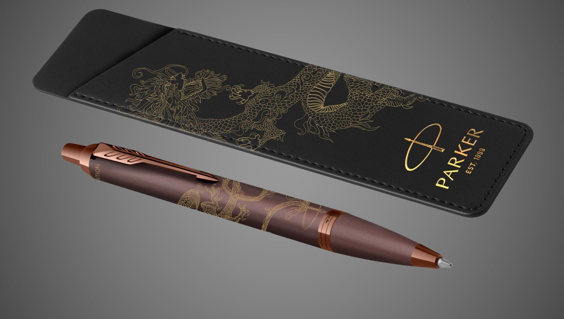 Шариковая ручка с чехлом Parker IM Monochrome Brown Dragon Special Edition, стержень:M, цвет чернил: blue, в подарочной упаковке., Покрытия: PVD-покрытие, лак, латунь