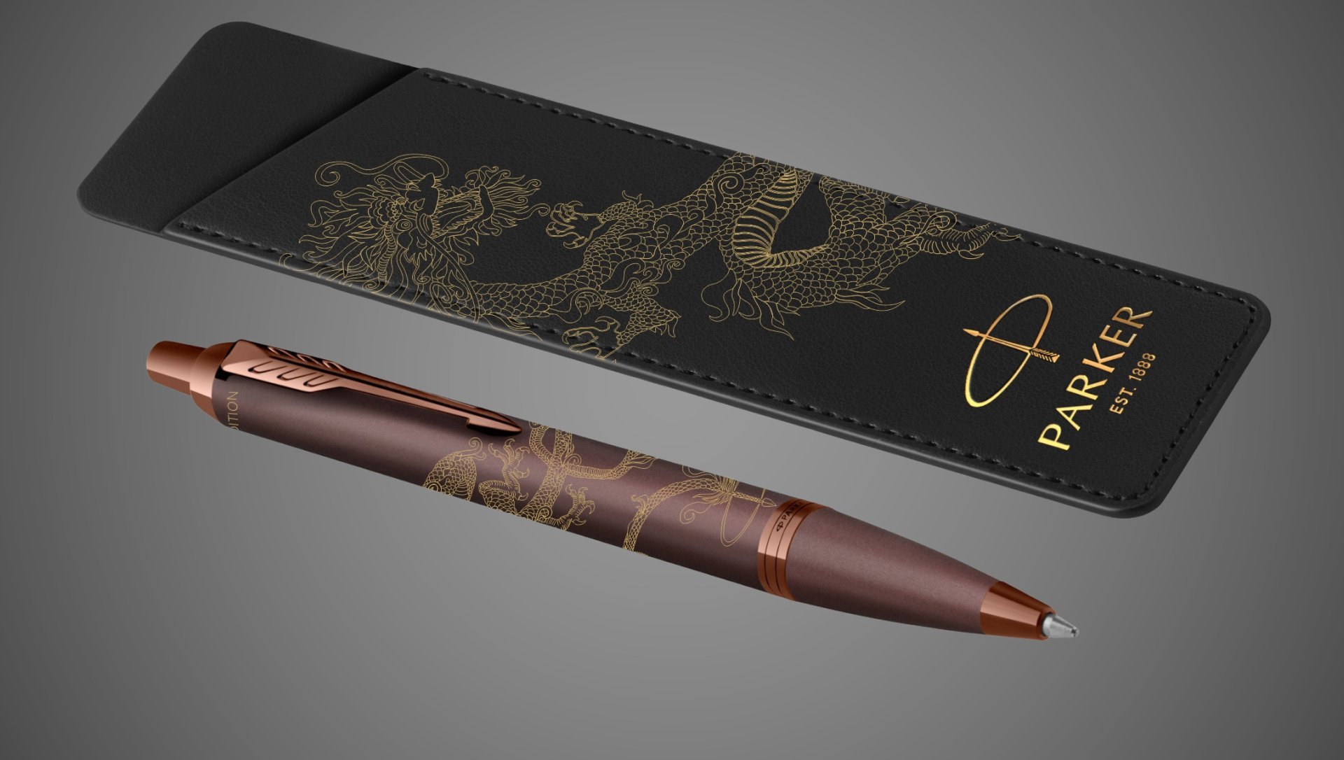 Шариковая ручка с чехлом Parker IM Monochrome Brown Dragon Special Edition, стержень:M, цвет чернил: blue, в подарочной упаковке., Покрытия: PVD-покрытие, лак, латунь