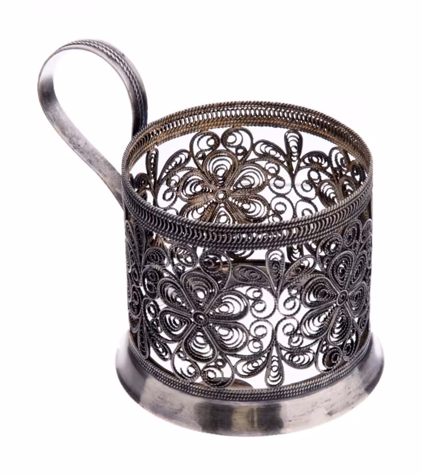 Подстаканник в технике ажурной скани, мельхиор, серебрение, Красносельская ювелирная фабрика, Красносельская ювелирная фабрика, СССР, 1966гг., Красносельская ювелирная фабрика