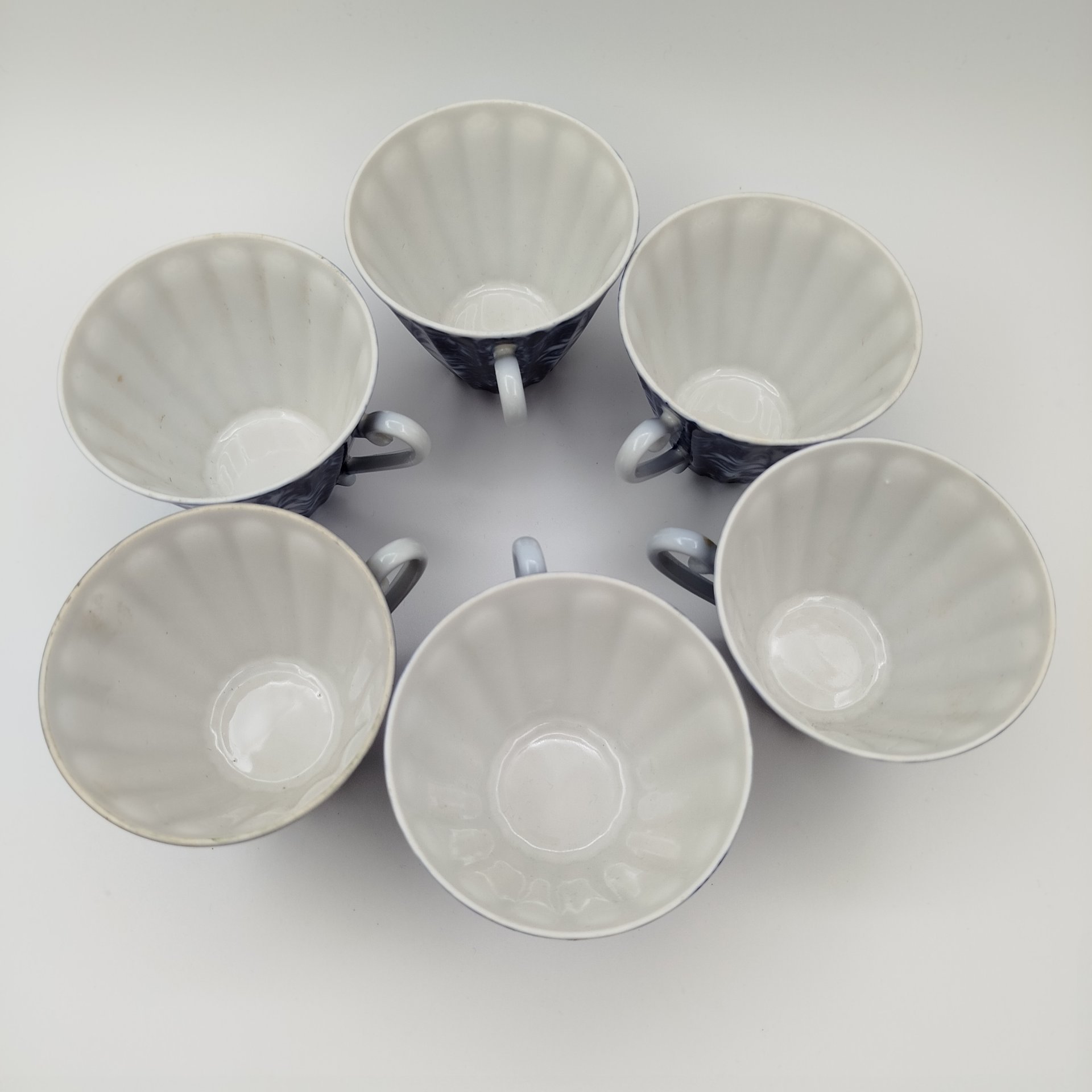 Набор из шести чайных пар формы "Лучистая" с синим цветочным декором( в подборе),, фарфор, деколь, Ленинградский фарфоровый завод (ЛФЗ), СССР, 1970-1990 гг.