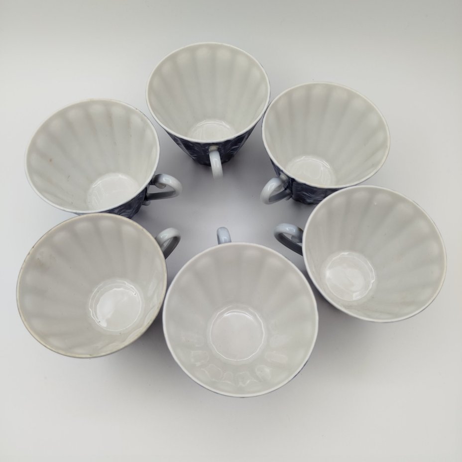 Набор из шести чайных пар формы "Лучистая" с синим цветочным декором( в подборе),, фарфор, деколь, Ленинградский фарфоровый завод (ЛФЗ), СССР, 1970-1990 гг.