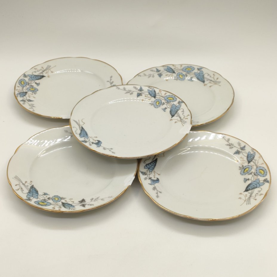 Набор из 5-ти десертных тарелок с цветочным декором, фарфор, деколь, золочение, Дулевский фарфоровый завод (Дулёво), СССР, 1918-1930 гг.