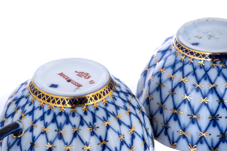 Чайный сервиз на 6 персон "Кобальтовая сетка" (22 предмета), фарфор, роспись, золочение, Ленинградский фарфоровый завод ("ЛФЗ"), СССР, 1970-1990 гг., Ленинградский фарфоровый завод (ЛФЗ)